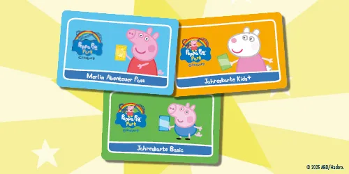 PEPPA PIG Park Jahreskarten sind Jahreskarte Kids+, Jahreskarte Basic and Merlin Abenteuer Pass